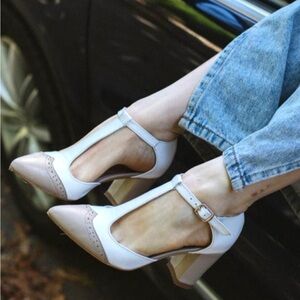 Handmade Pointed Toe T-Strap T-Bar Block Heel Leather Shoes Mary Janes 8